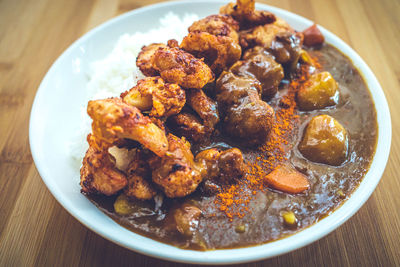 High angle view of food in bowl on table