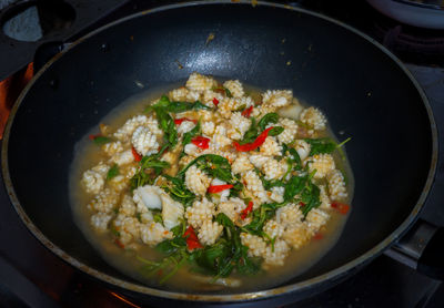 High angle view of vegetables in cooking pan