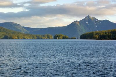 Scenic view of lake by mountains against sky