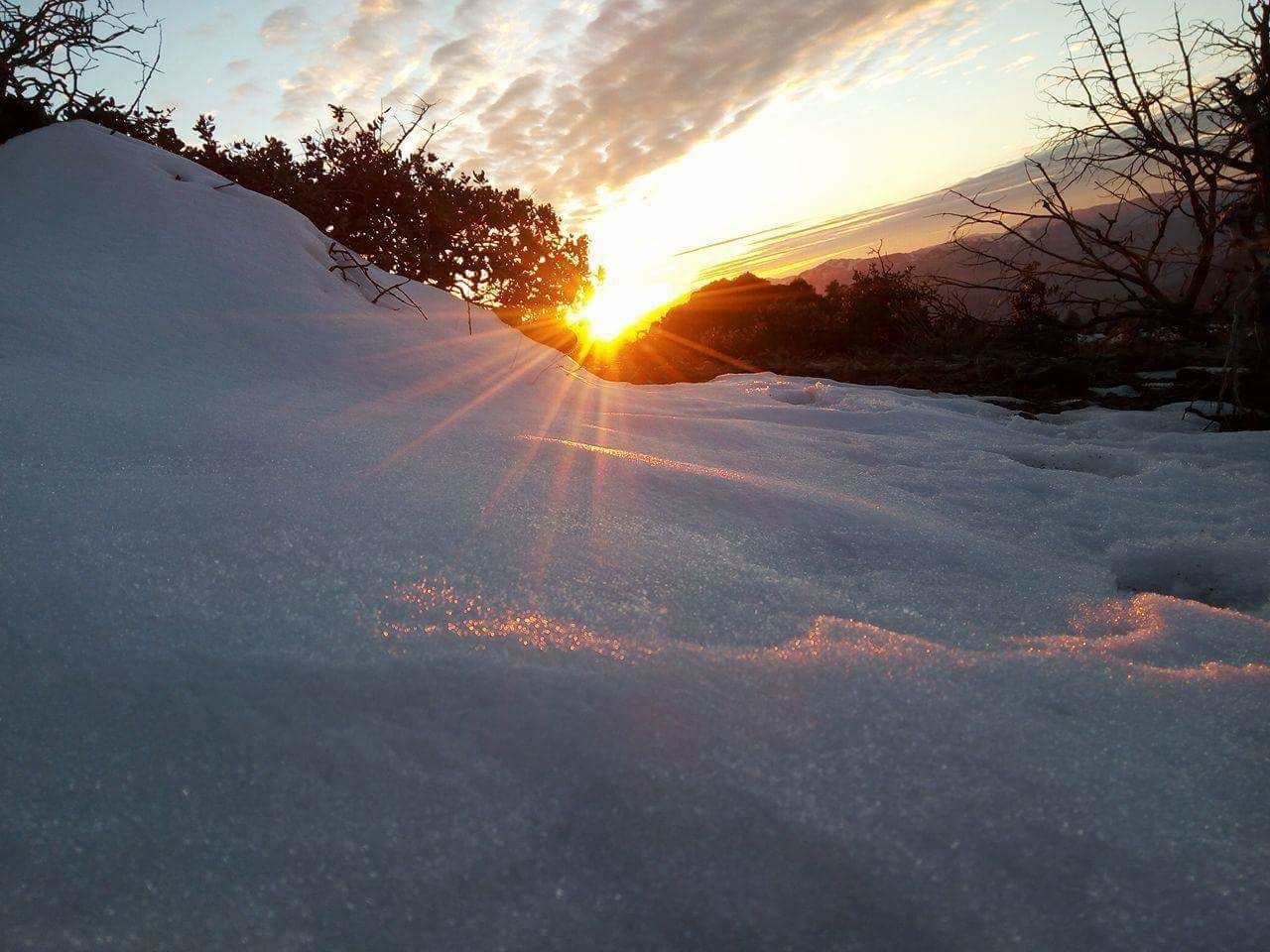 SUN SHINING OVER SNOW COVERED LANDSCAPE