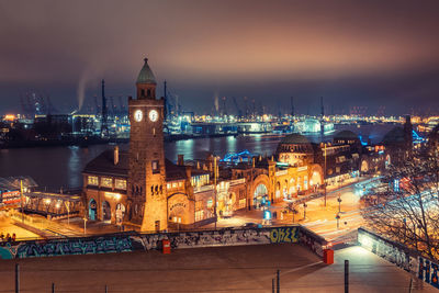 Illuminated buildings in city at night