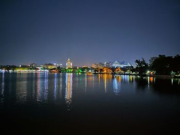 Reflection of illuminated buildings in lake at night