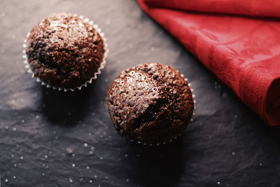 High angle view of chocolate cake on table