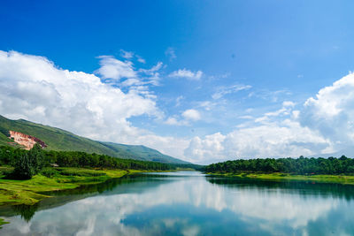 Scenic view of lake and mountains against sky