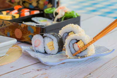 Close-up of sushi in plate on table