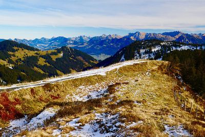 Scenic view of snowcapped mountains against sky