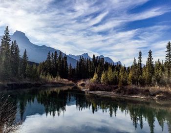 Reflection of trees in lake against sky