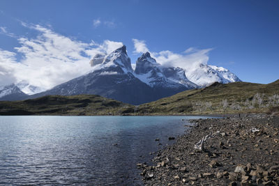 Scenic view of lake and mountains against sky