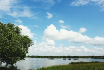 Scenic view of lake against cloudy sky