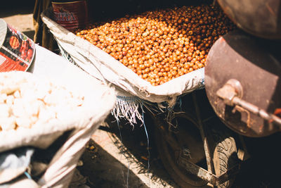 High angle view of food for sale at market stall