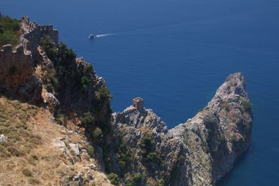 High angle view of rock formations in sea