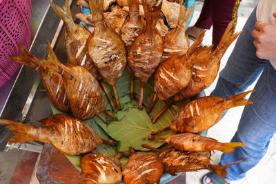 High angle view of smoked fish