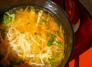 Close-up of soup in bowl on table