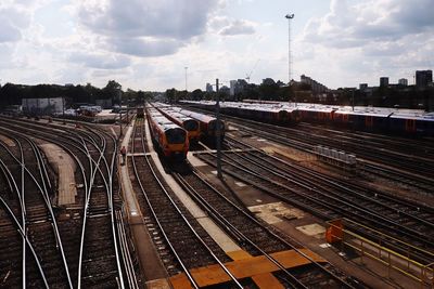 High angle view of train against sky