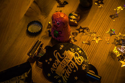 High angle view of illuminated decoration on table