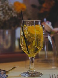 Close-up of beer in glass on table