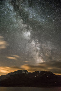 Scenic view of mountains against sky at night