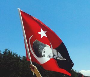 Cropped hand holding turkish flag against sky