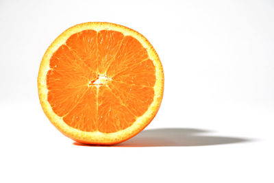 Close-up of orange slice against white background