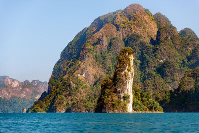 Scenic view of rocks in sea against clear sky