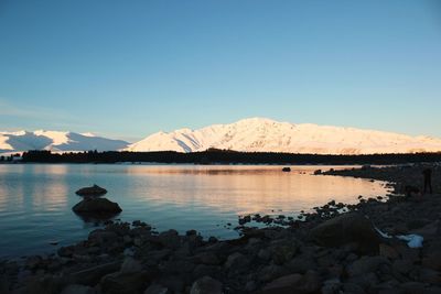 Scenic view of lake against clear blue sky