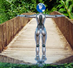 Close-up of sculpture on wooden railing