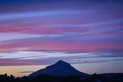 Silhouette of mountain against cloudy sky