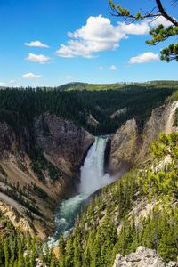 Scenic view of waterfall against sky