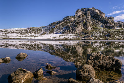 Scenic view of lake and mountains against clear sky