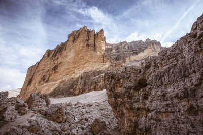 Low angle view of rock formations against sky