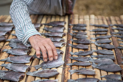 Midsection of man arranging fish on table for sale at market stall