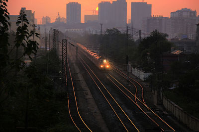 High angle view of train moving on tracks