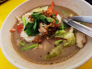 High angle view of soup in bowl on table