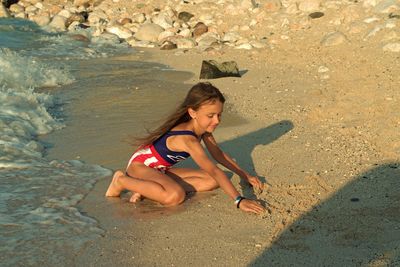 High angle view of girl on beach