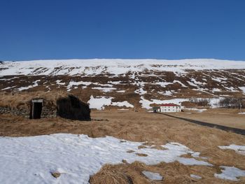 Snow covered landscape against clear blue sky