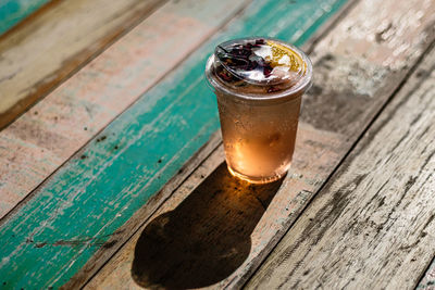 High angle view of drink on table