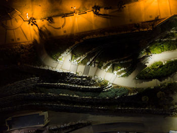 High angle view of illuminated staircase at night