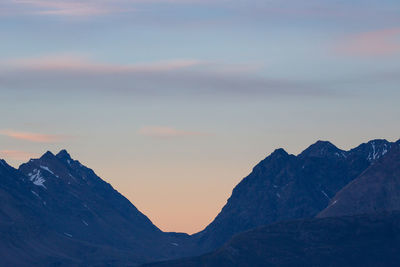 Scenic view of lyngen alps against sky during sunset