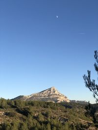 Scenic view of mountains against clear blue sky