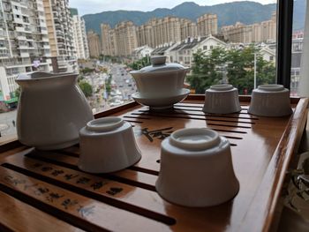 Close-up of coffee served on table in city