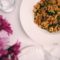 High angle view of food in plate