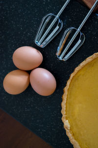 High angle view of eggs on table