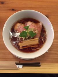 High angle view of soup in bowl on table