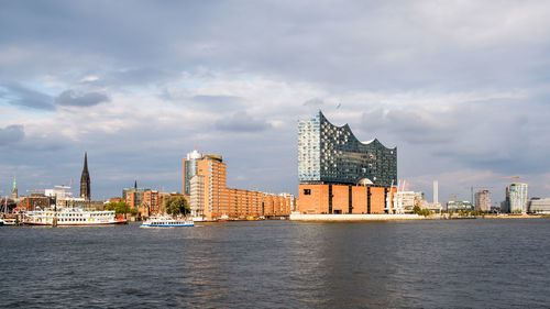 View of buildings by river against cloudy sky