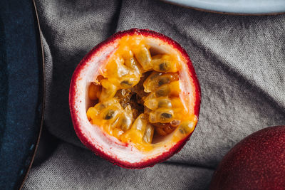 High angle view of fruit salad in plate on table