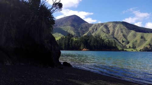 Scenic shot of calm countryside lake against mountain range