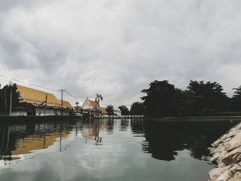 Scenic view of lake by buildings against sky