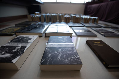 High angle view of books on table