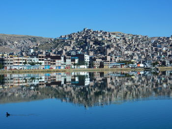 Buildings in town against clear blue sky