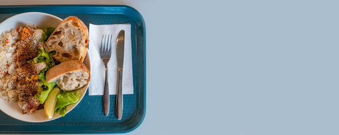 High angle view of breakfast served on table